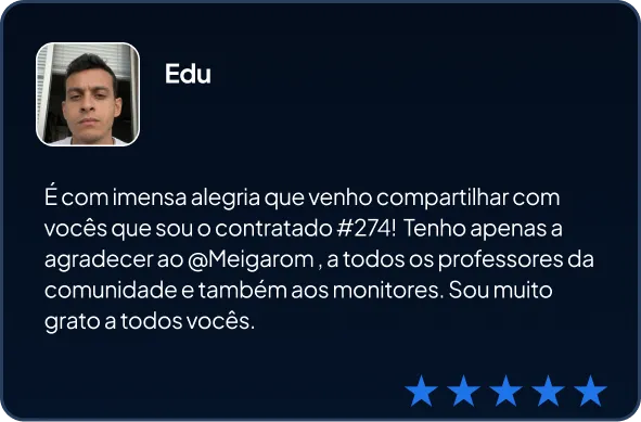 Depoimento do aluno Edu informando que conseguiu um emprego na área de dados