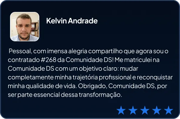 Aluno da comunidade ds, Kelvin, informando que conseguiu uma vaga na área de dados